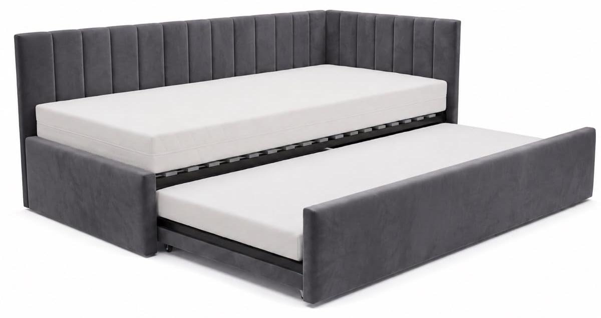 Kinderbett Alvin 01 90x200 - Jugendbett mit einer Schublade und zwei Liegeflächen - Einer Matratze T28-30 - Weich Jasmine-Stoff - Dunkelgrau, Rechte