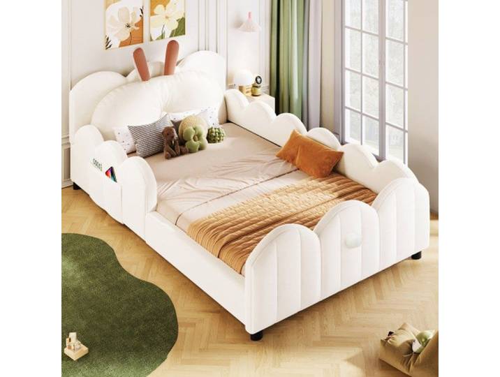Lit-plateforme rembourré 90x200 cm avec coussin en forme de lapin beige - lit enfant tendance et confortable