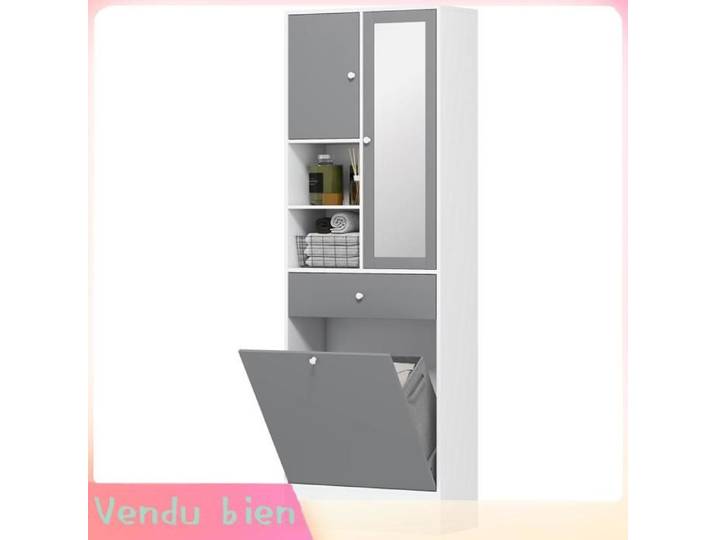 LIA Meuble salle bain gris/blanc 62x28 3x181cm panier linge miroir étagère réglable