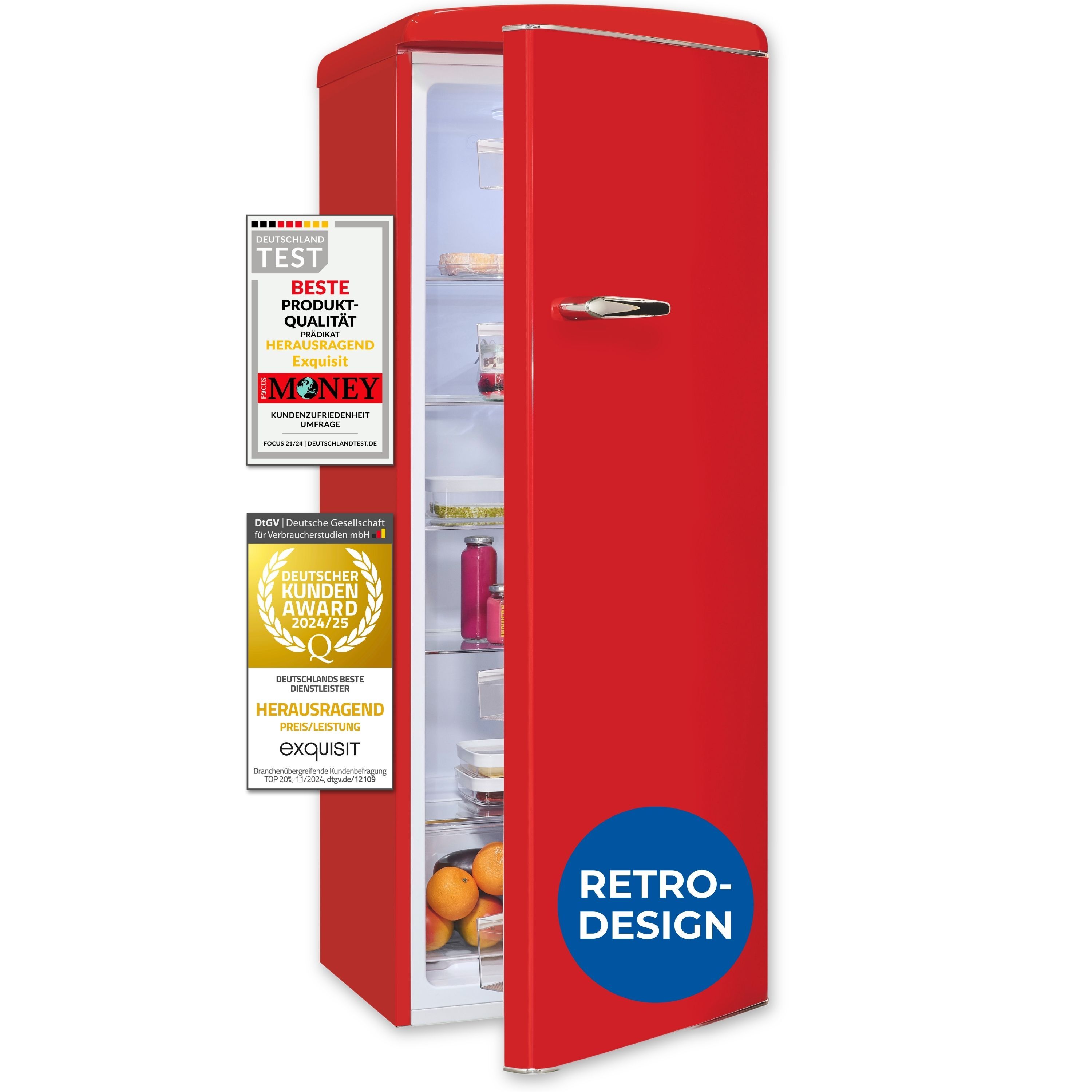Exquisit Retro-Kühlschrank, ohne Gefrierfach, 229 Liter, groß, 5 Ablagen, Gemüsefach, Temperaturregelung, RKS325-V-H-161E rot