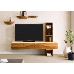 Wohnwand Akazie 204x40x145 natur lackiert / Marmor weiß MONTREAL #141