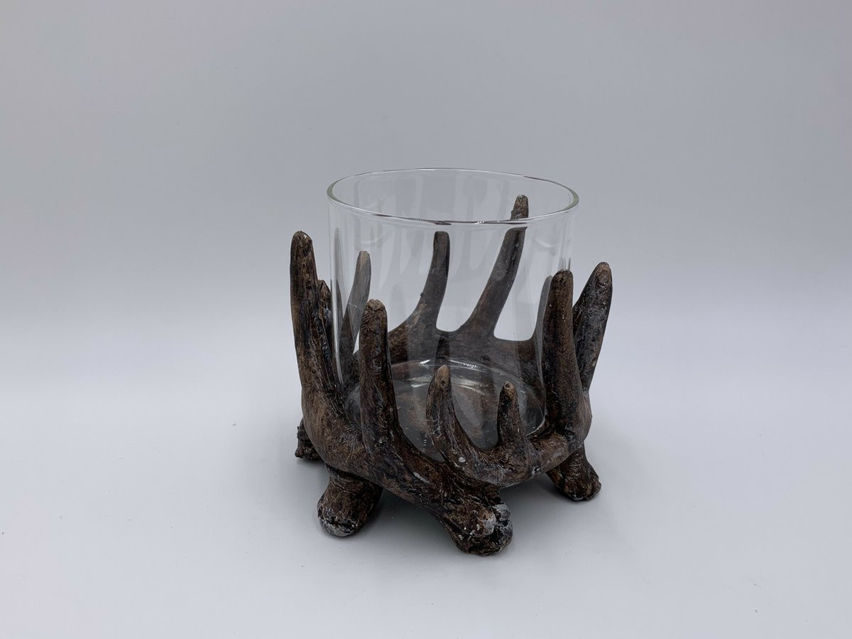Windlicht waxinelichthouder Home Sweet Home gewei bruin glas polyresin 13 x 12 cm