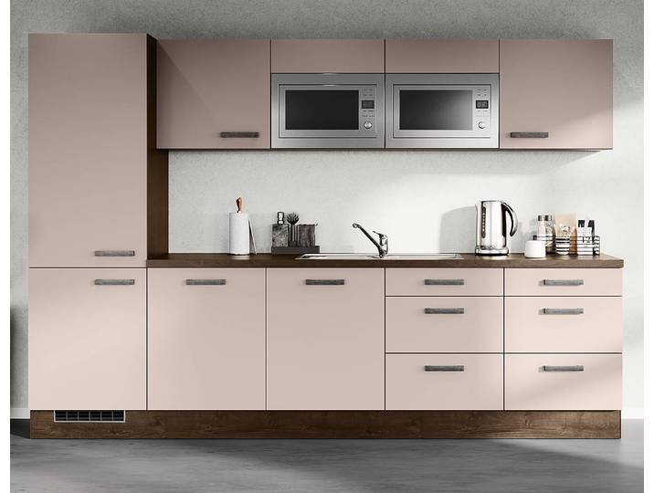 Küchenzeile Impuls Hochbau 300 x 206 x 60cm Ausrichtung links Braun/Cappuccino mit Elektrogeräten