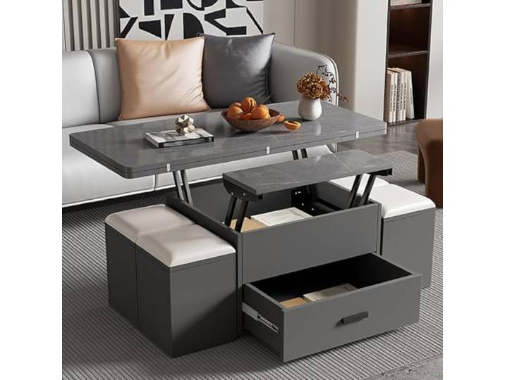 Klappbarer Couchtisch Höhenverstellbar mit Sintersteinplatte und Hocker Multifunktionales Design, Verstellbare Höhe, Mobile Nutzung, Platzsparend, Wohnzimmer, Apartment, Kleine Räume, Home Office