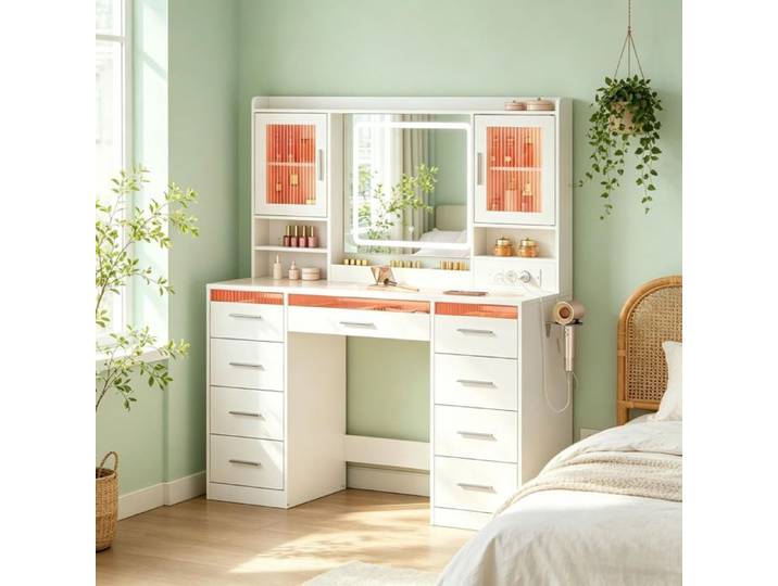 Coiffeuse avec miroir et table en verre trempé blanc