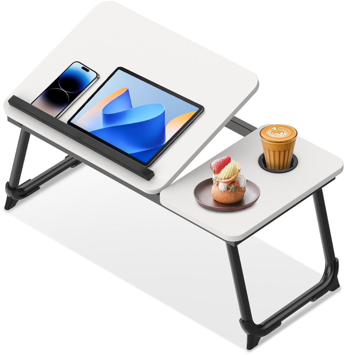 Arvioo Opvouwbare laptoptafel voor bed met 5 verstelbare hoeken en bekerhouder, wit