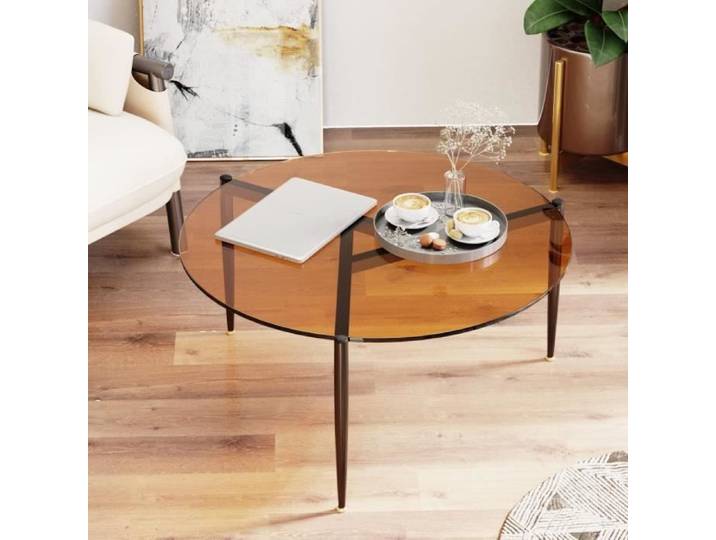 UNHO Table Basse Ronde en Verre Trempé Tables de Salon Cadre en Fer Design Moderne pour Chambre Bureau 80 x 40 cm