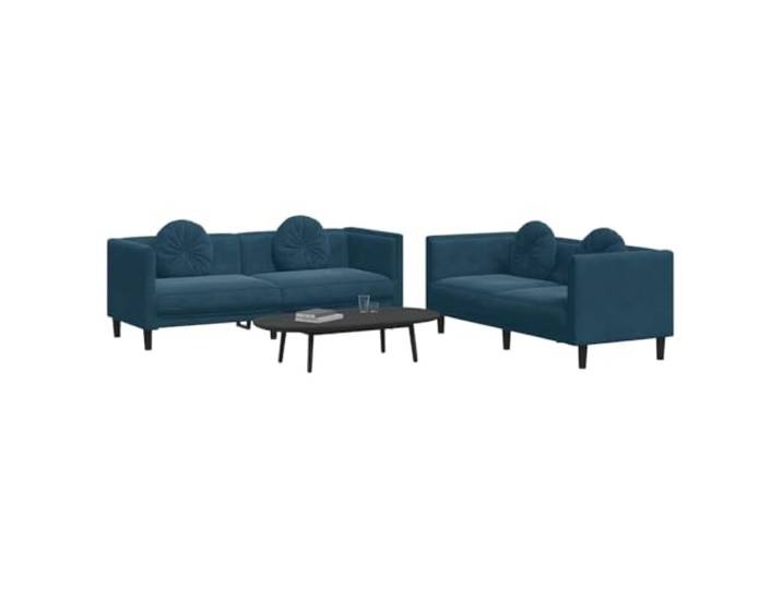 KTHLBRH 2-teiliges Sofaset aus blauem Samt mit Kissen Robuste Beine, Schaumstoff-Polsterung, 2-Sitzer + 3-Sitzer, 4 runde Kissen