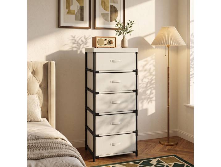 HOMCOM Commode 5 Tiroirs Tissu Acier Beige Salon Bureau Dressing