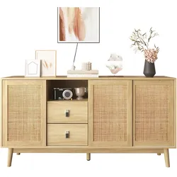 OKWISH Sideboard 155x38x80 cm Holz MDF Spanplatte Rattan Schiebetüren Schubladen Massivholzfüße Stauraumschrank Wohnzimmer Esszimmer Flur
