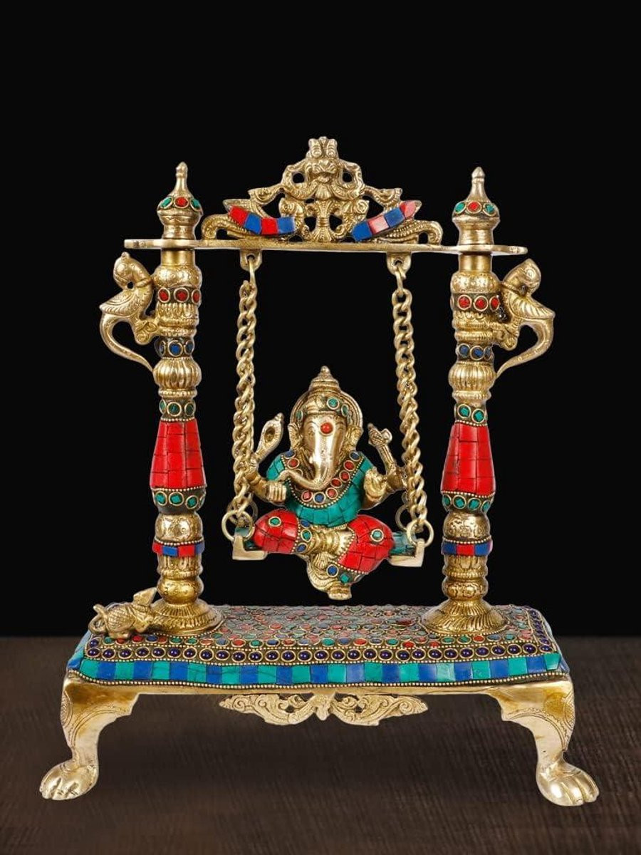 Ganesha Jhoola Standbeeld - Zittende Ganesha Woondecoratie - Handwerk met Edelstenen - Hoogte: 30 cm - Multicolor