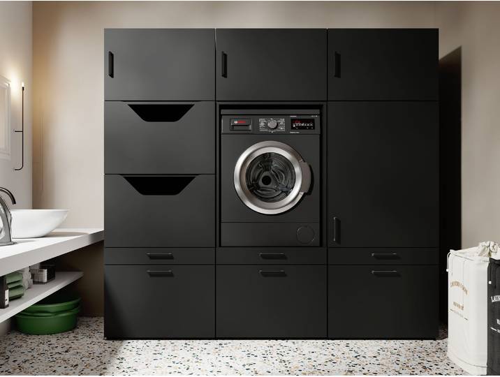 Meuble WASHING 1 machine avec armoire linge et armoire noir avec 3 surmeubles