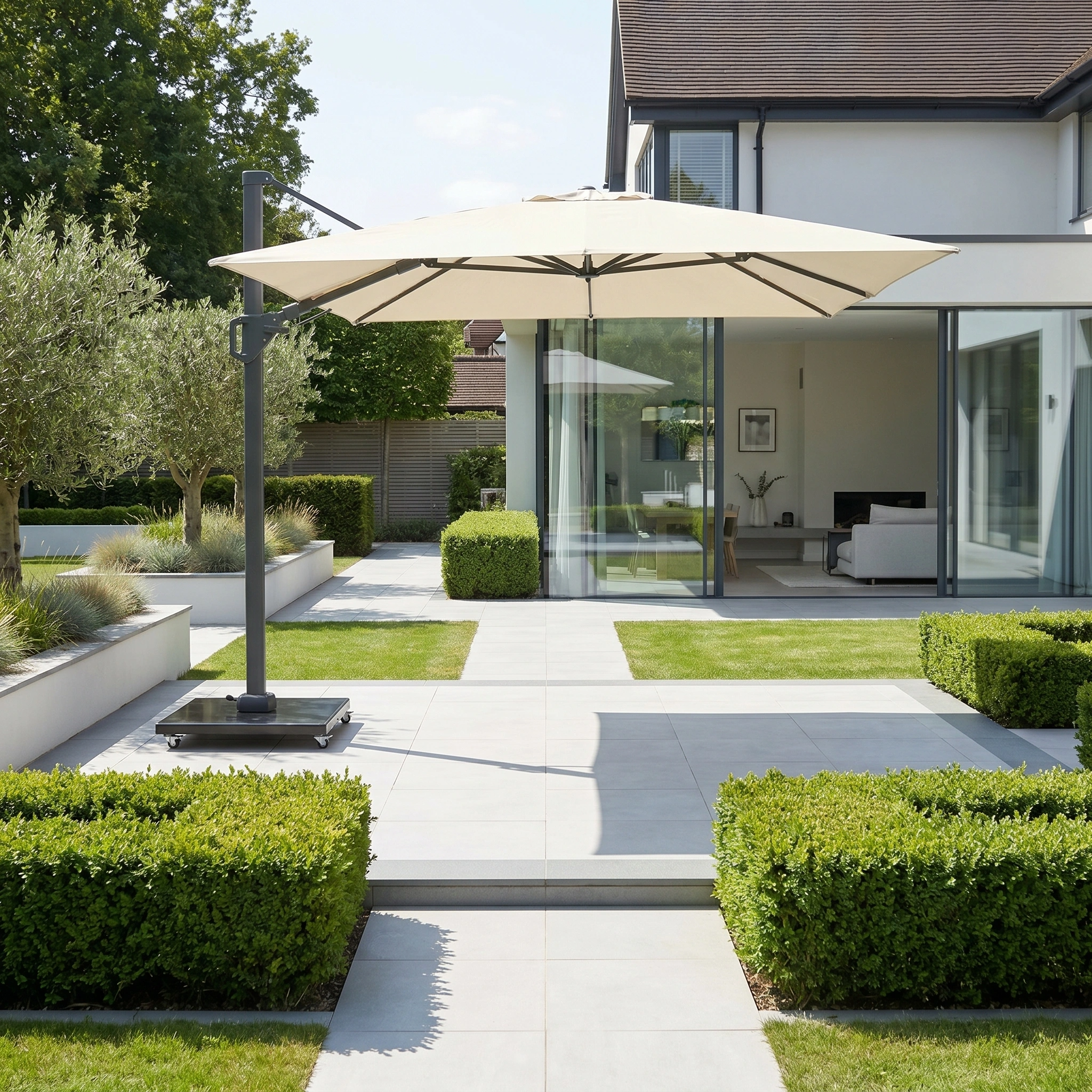 Pacific Lifestyle Challenger T2 3.5m x 2.6m Rectangular Cantilever Parasol in Champagne with 90kg Granite Base