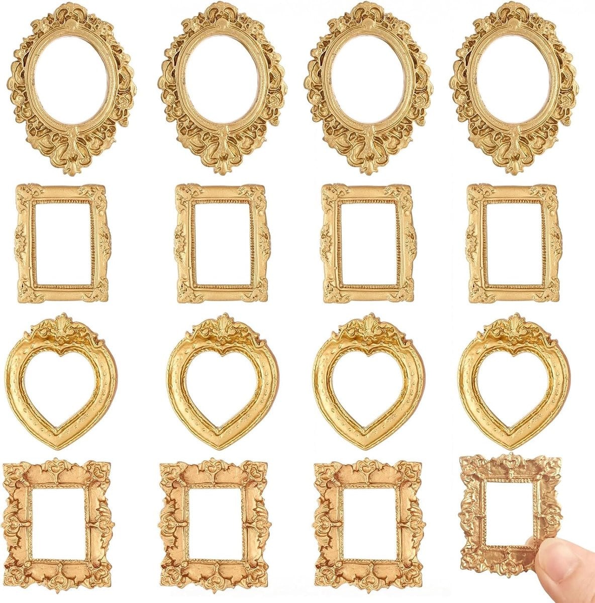 Set van 16 vintage mini fotolijstjes in vier vormen, goud