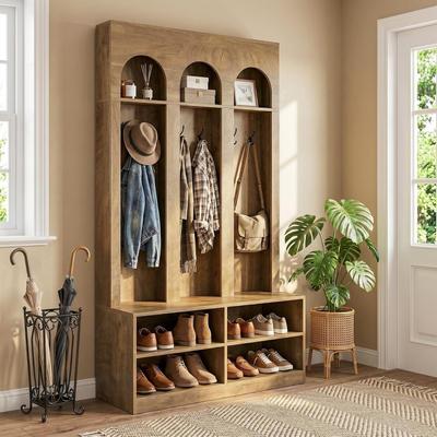 BLUEBELL "70.9"" 4-in-1 Farmhouse Hall Tree with Shoe Storage Bench, 6 Double Hooks and 4 Open Shelves for Entryway, Mudroom"