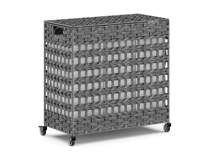 Wäschekorb Rattan mit Deckel 3 Fächer 140L grau