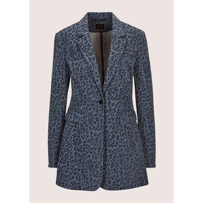 Jackenblazer MADELEINE "Denimblazer Langarm Denimblazer mit Leo-Flockprint", Damen, Gr. 34, blau (blau, nebelblau), Obermaterial: 72% Polyester PES. 25% Baumwolle CO. 3% Elasthan EL., Modern, tailliert, Blazer, geflockte Ware, Leo-Muster