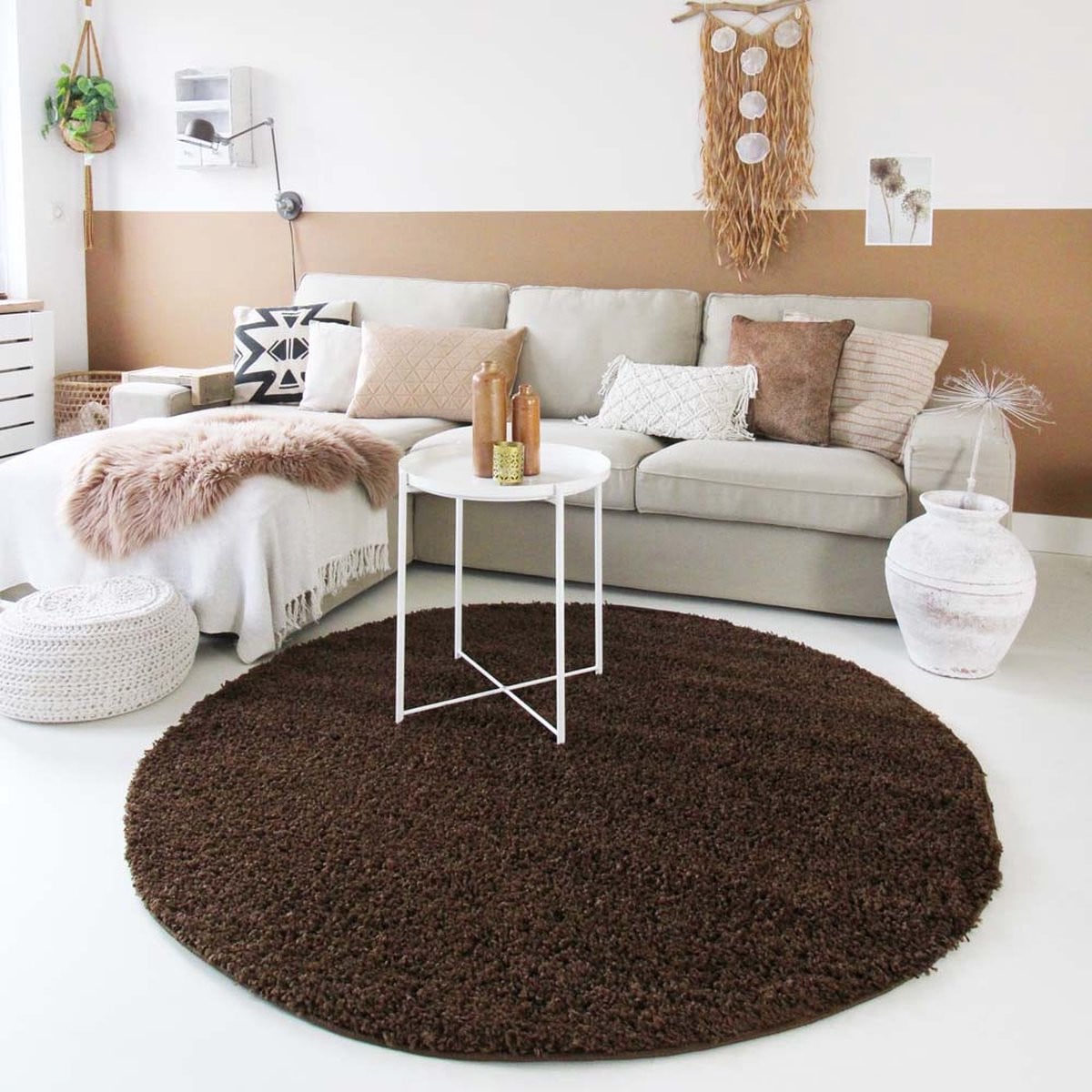 Rond hoogpolig vloerkleed Shaggy Trend bruin