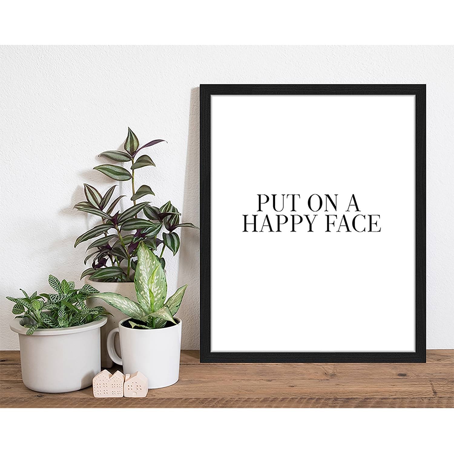 home24 Put on a happy face lijst met zwart plexiglas en gelakt massief beukenhout, 43 x 53 cm