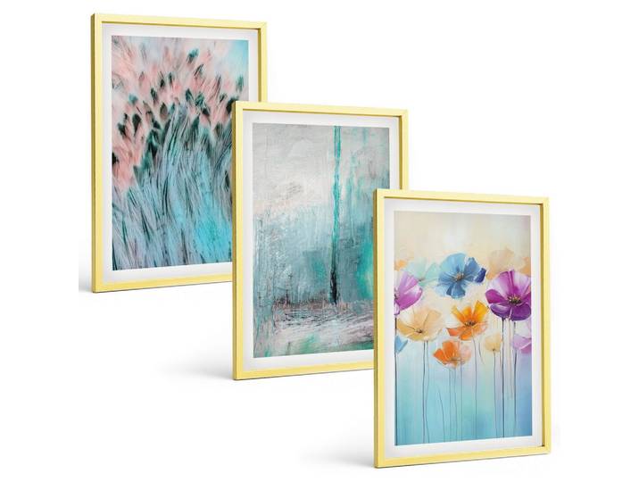 BILDER SET 3er Set - 40x60 cm Goldrahmen - Hintergrundmuster mit Pastellblumen