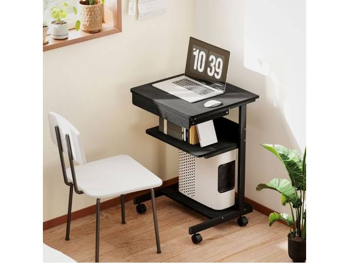 Bureau Ordinateur Compact avec Tiroir et Regales 4 Roues Noir