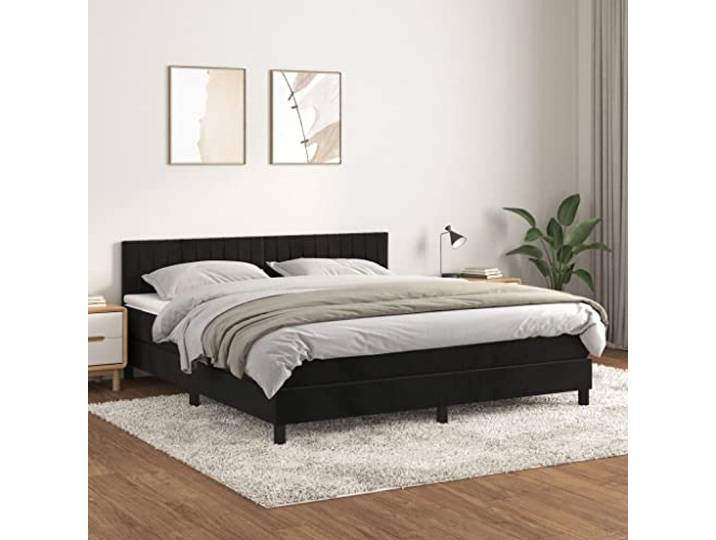 RJPLMFV Bettgestell, Velours, Schwarz, 160 x 200 cm Verstellbares Kopfteil, Taschenfederkernmatratze, mittelharte Unterstützung, weicher Matratzenschutz