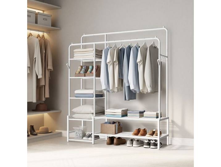 Portant à Vêtements Armoire Ouverte Portemanteau avec 7 Étagères Tringle à vêtements Blanc