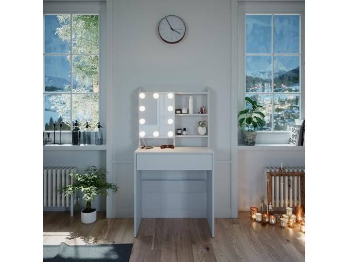 Vicco Schminktisch Laura , Weiß 70 cm Spiegel mit LED-Lichterkette · 1 Schublade · Freistehend · Offene Ablagefächer · Kompakte Form