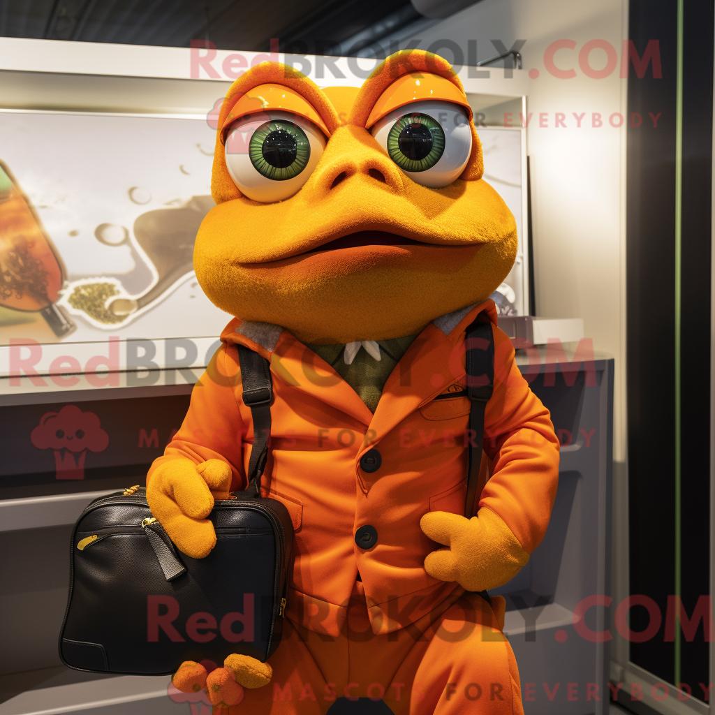 Maskottchen REDBROKOLY eines orangefarbenen Frosches mit Jacke und Aktentasche