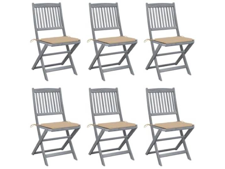 KUTYWEXFM 6er Set Klappbare Gartenstühle mit Kissen Akazie Grau Bequeme Sitzgruppe für Terrasse und Balkon: Klappbare Holzstühle mit beigen Auflagen und robuster Verarbeitung.