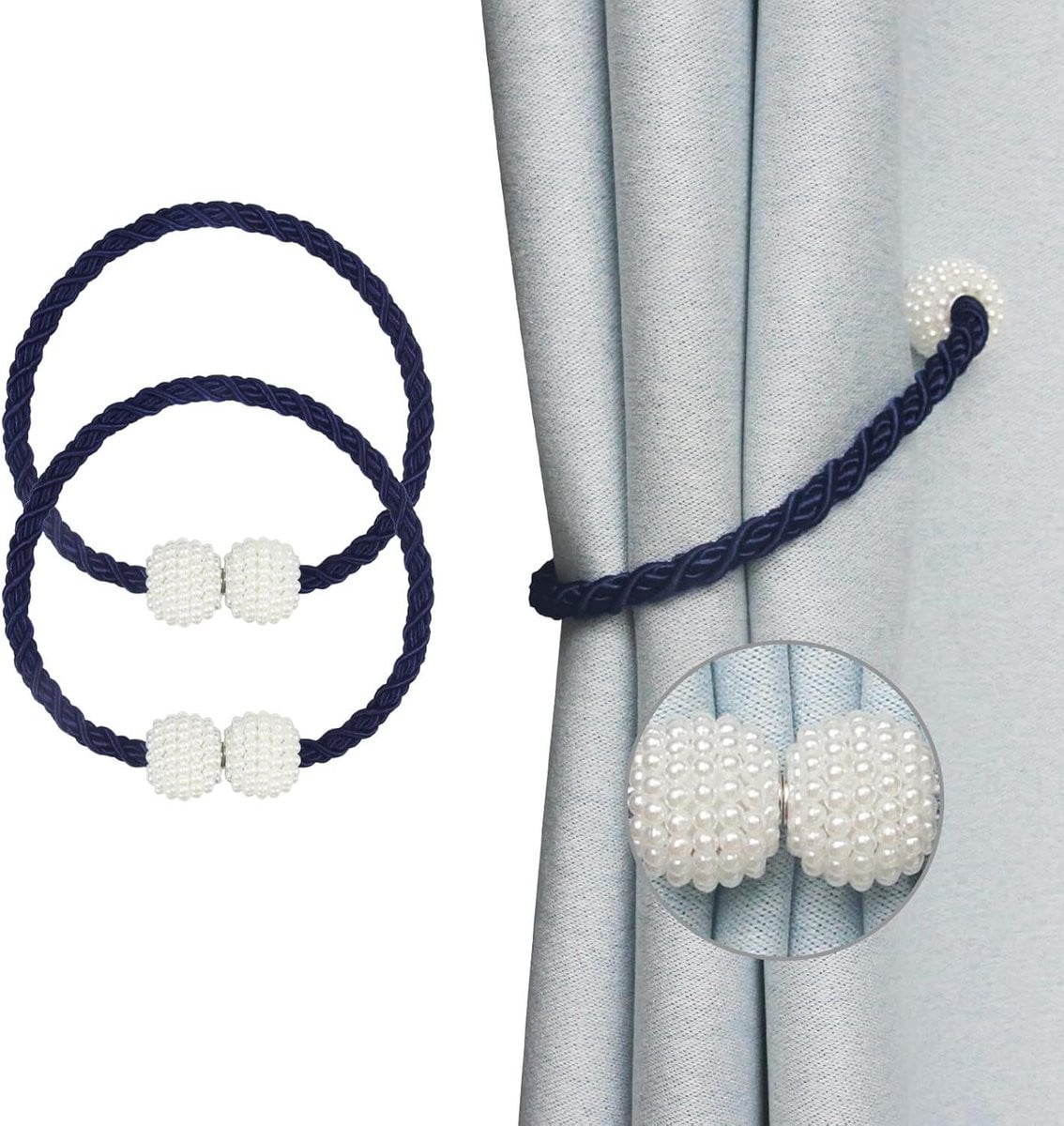 Magnetische Gordijn Tiebacks Donkerblauw - Gordijn Haken Touw met Sterke Magneten - 457 cm Lengte