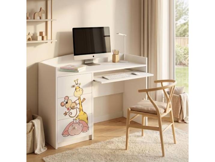 Happy Babies Weißer Kinderschreibtisch mit Schublade und Schrankfach, Schülerschreibtisch für Jungen & Mädchen, PC-Tisch Lerntisch mit Motiv (Nr 5)