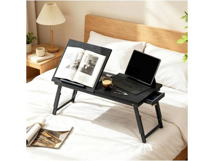 Bureau ordinateur pliable pour lit et canapé plateau inclinable 5 positions hauteur réglable tiroir bambou noir ORVRYN
