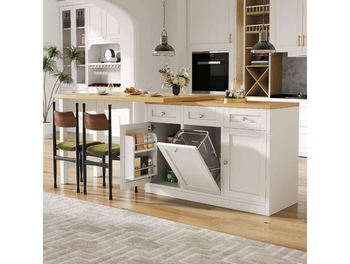 STILVORA Bartisch ausziehbar mit Stauraum und klappbarer Funktion, Esstisch mit Schublade und Snackablage sowie Mülleimerhalter, Küchentisch platzsparendes für kleine Wohnungen Weiß