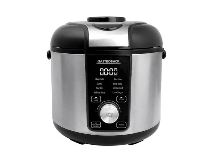 GASTROBACK Low Carb Reiskocher 3 Liter mit Dampfgarer 500 Watt - 8 Programme inkl Basmati Sushi Risotto Milchreis - Antihaft-Innentopf, Abschaltautomatik, Warmhaltefunktion, Dünsteinsatz