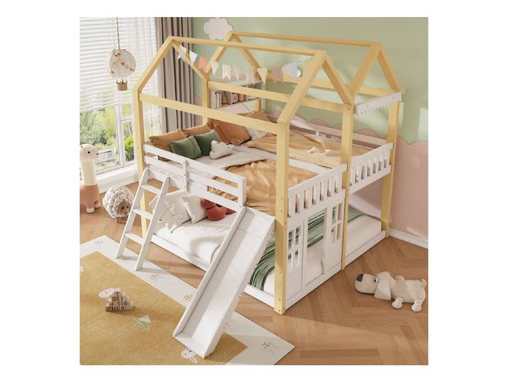 KEFEYA Kinderbett mit Rutsche, Hausbett-Design & flexiblem Aufstieg (halbhohes Spielbett mit Tür, Spielbereich & Schutzgeländer, für Kinderzimmer & Spielecke, 1-tlg., 279.5x205x226cm)