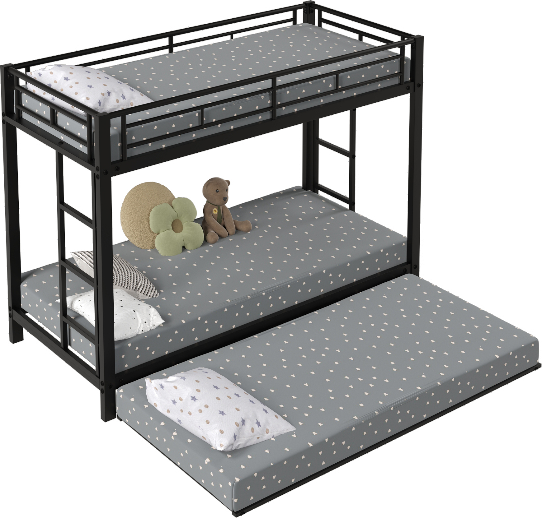 90*200cm Etagenbett, Eisenrahmenbett, Kinderbett, ausgestattet mit Ausziehbett, hohe Geländer, EN747 , robuste Konstruktion, schwarz