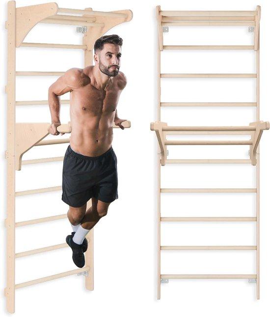 Turnleiter - Fitnessstange - Training zu Hause - Verstellbare Griffe - 3-teilig - Natürliches Holz
