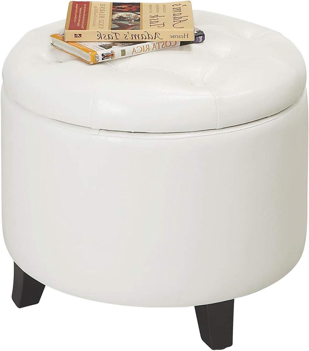 Ronde Opberg Ottoman Poef met Verwijderbaar Deksel - Ivoor Kunstleer - Diameter: 50,2 cm