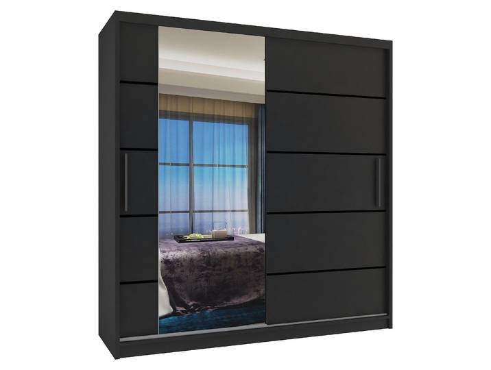 BELINI Verona\, armoire coulissante de 158 cm\, noire mat - Armoire avec miroir et 2 tiroirs\, idéale pour la chambre