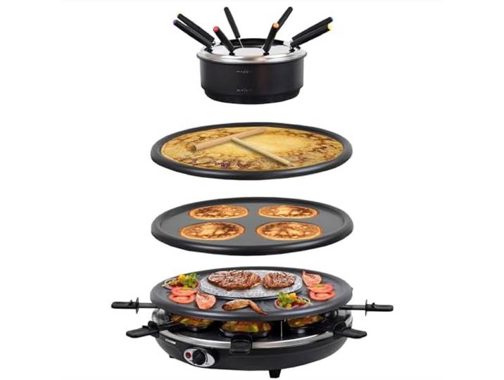 Syntrox Germany Raclette-Grill Set Emailliert Wades mit Fondue und Wechselplatten, Multifunktions Raclette, Pancake Crepe Maker, 8 Personen, 1350 Watt, Antihaftbeschichtet, Platzsparendes Küchengerät