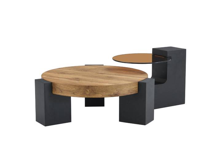 Okwish Couchtisch-Set rund 61/61/30 cm Schwarz Holzoptik mit Glasplatte und Ablage, 61x30x61 cm, Wohnzimmer, Wohnzimmertische, Couchtische