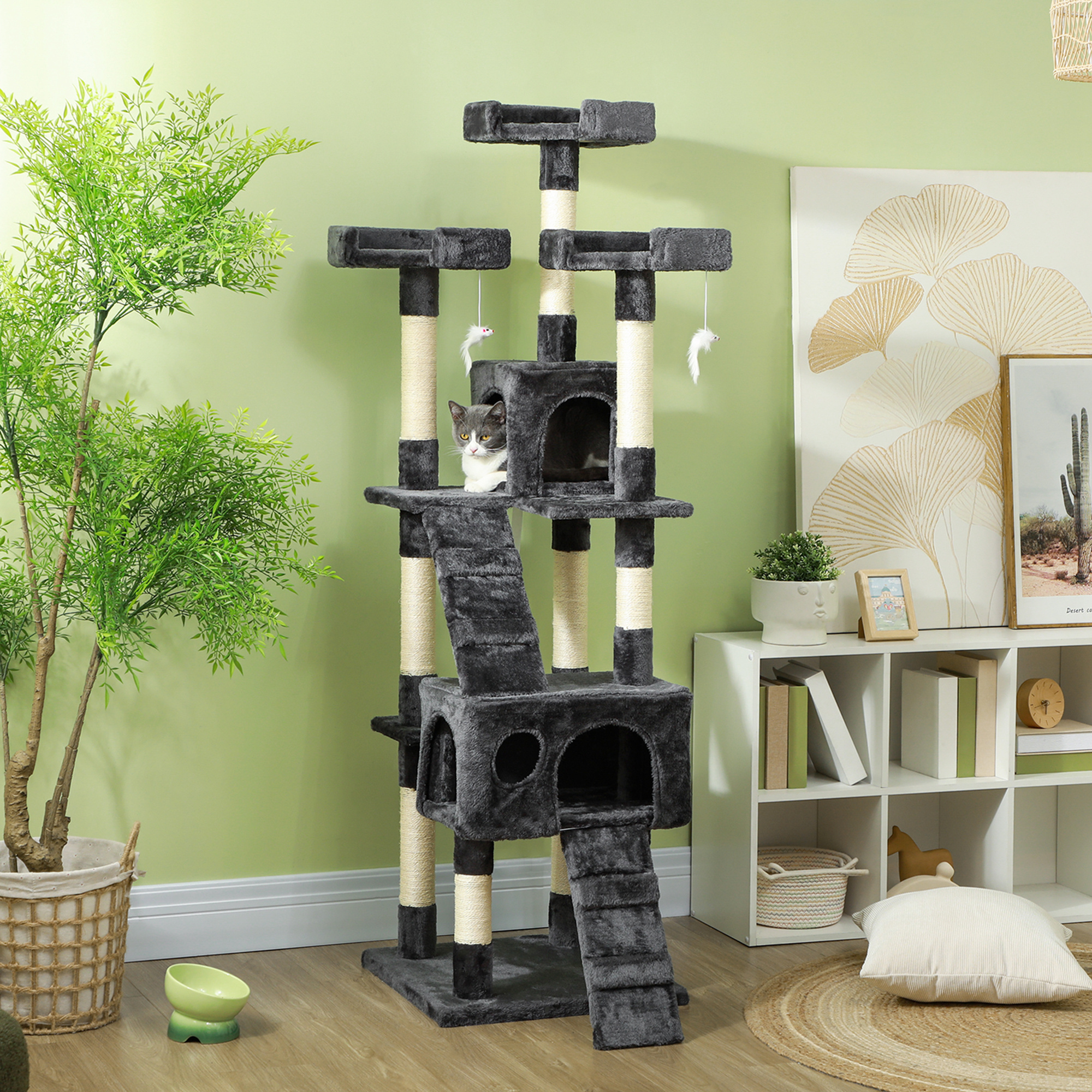 Pawhut Albero Tiragraffi per Gatti con Due Cucce in Peluche e Sisal, Grigio, 50x50x170cm