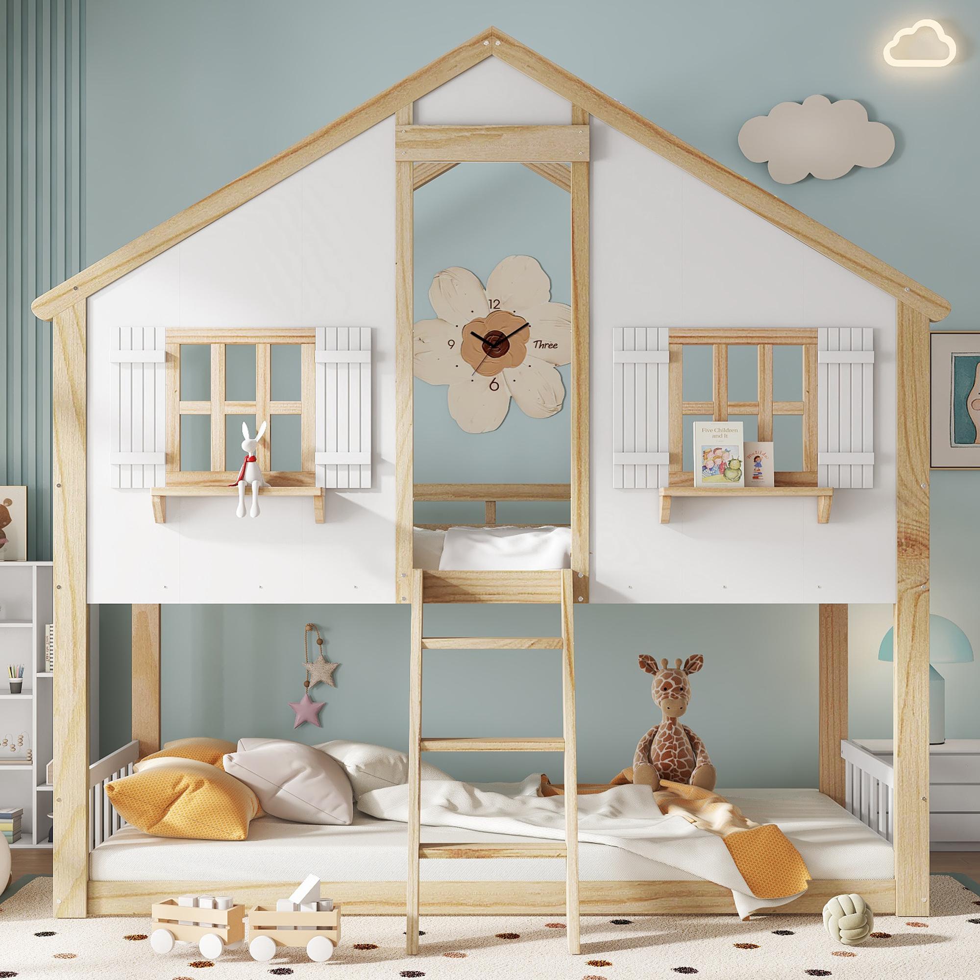 Hochbett für Kinder mit Fenster & Dach, Sicherheitsgeländer, Stabiler Lattenrost, Aus Kiefer, MDF & Sperrholz, Weiß/Natur, 90x200 cm