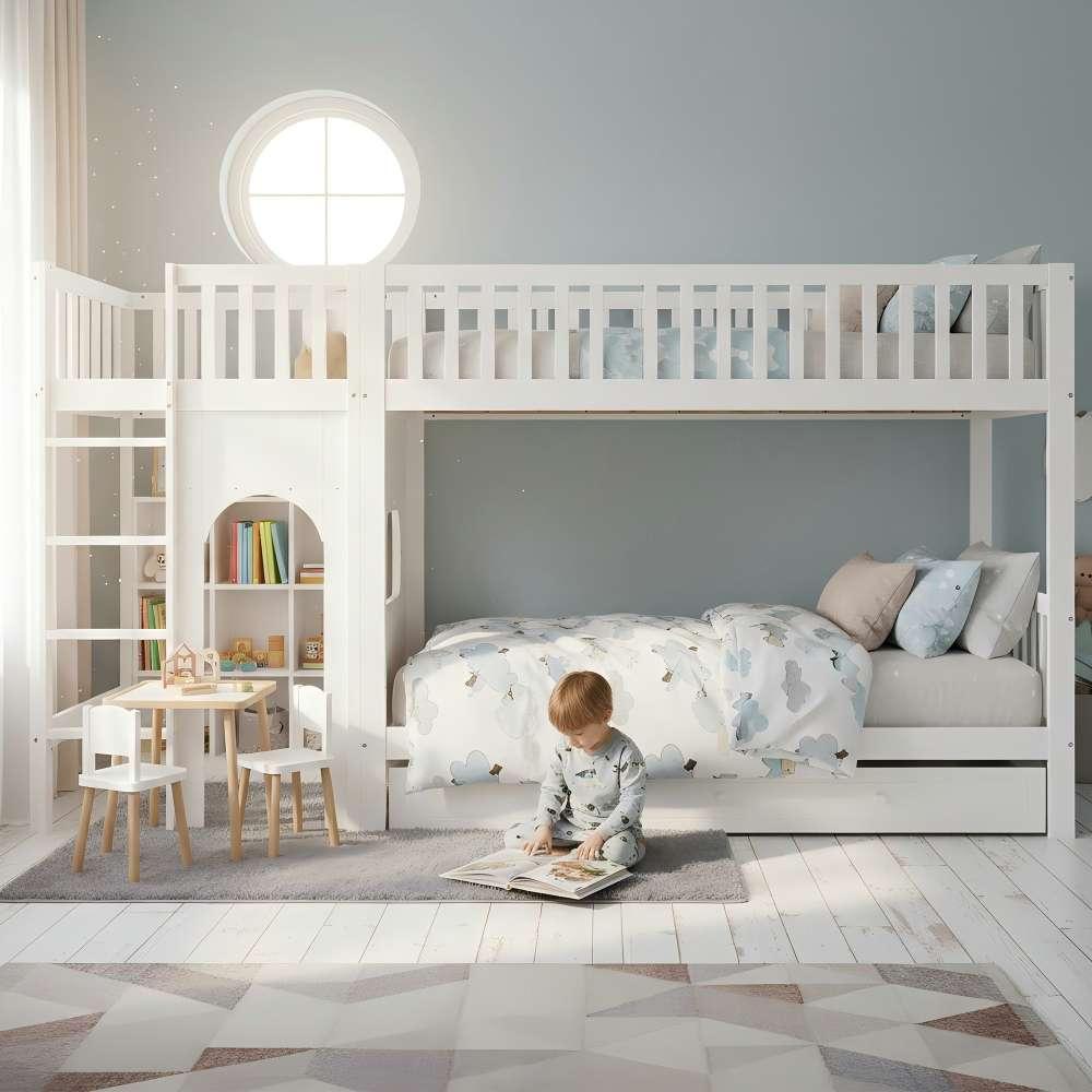 Kinderdoppelbett mit gerade Leiter und Rundumschutz, personalisierbar, gefertigt aus Kiefer, MDF und Sperrholz, Farbe Weiß, Größe 90x200cm