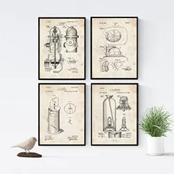 POSTER Set mit 4 Jahrgang Feuerwehr Patent A4 Schwarzer Rahmen