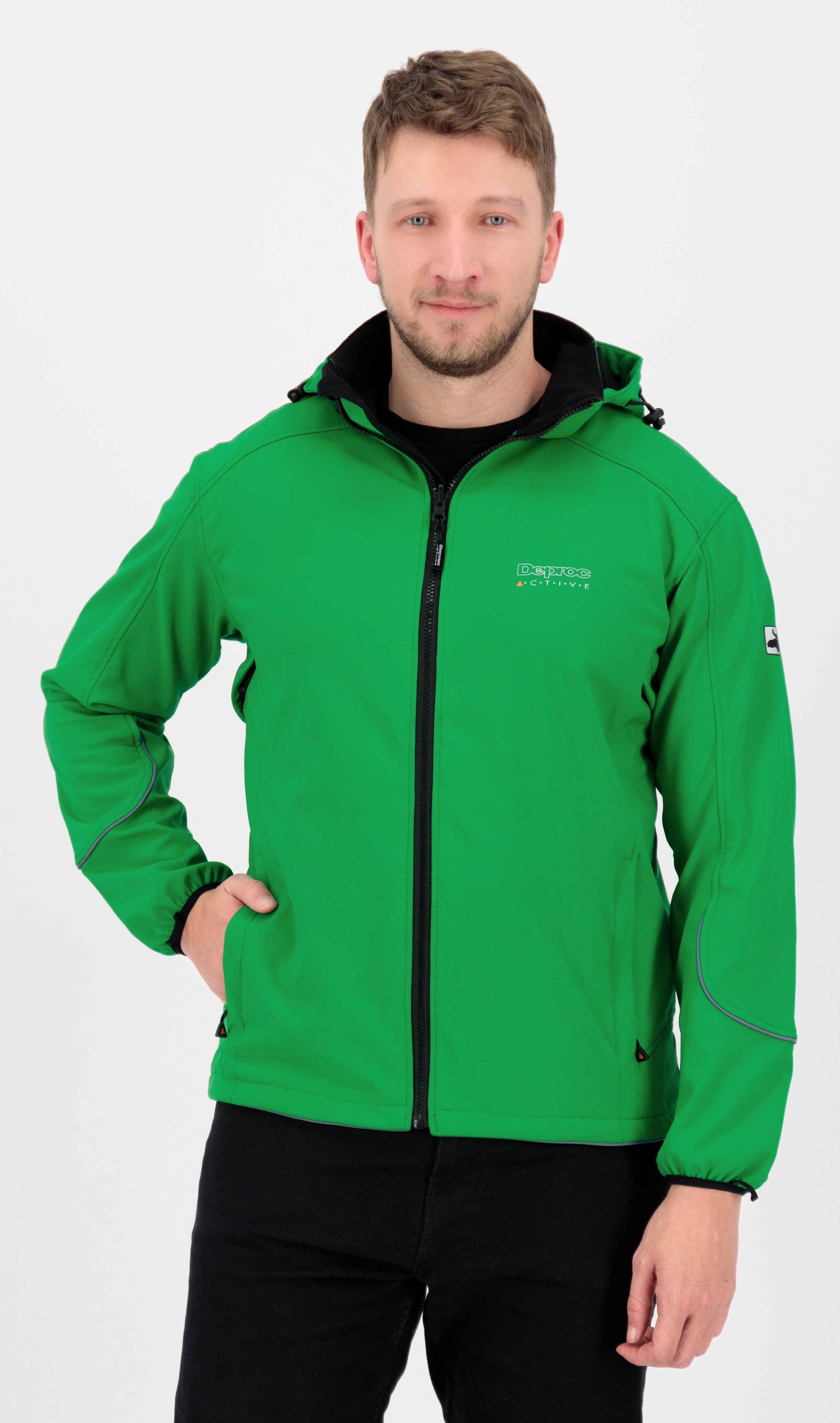 Softshelljacke DEPROC ACTIVE "NIGEL PEAK Men", Herren, Gr. M (50), grün, Softshell, 96% Polyester, 4% Elasthan, regular fit hüftbedeckend, abnehmbar,verstellbar mit Gummizug, Jacken Softshelljacke, auch in Grossen Grössen erhältlich grün M (50)