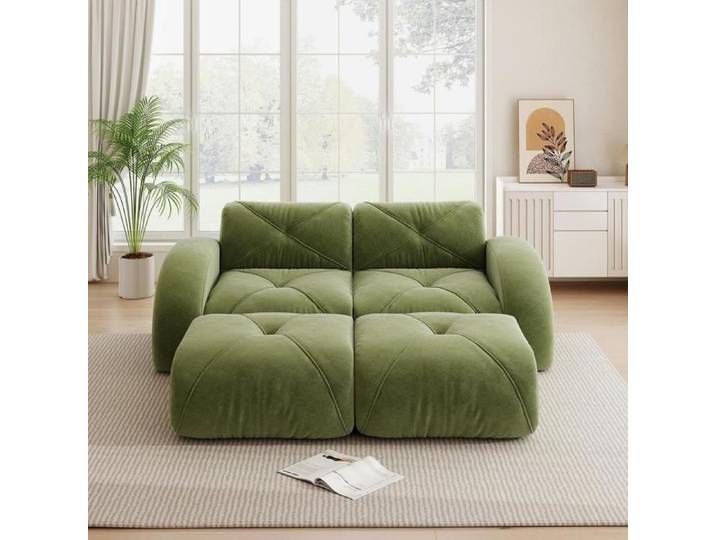 Canapé - KOMHTOM - Canapé modulaire sans armature 2 places - Chenille - Vert - 2 repose-pieds