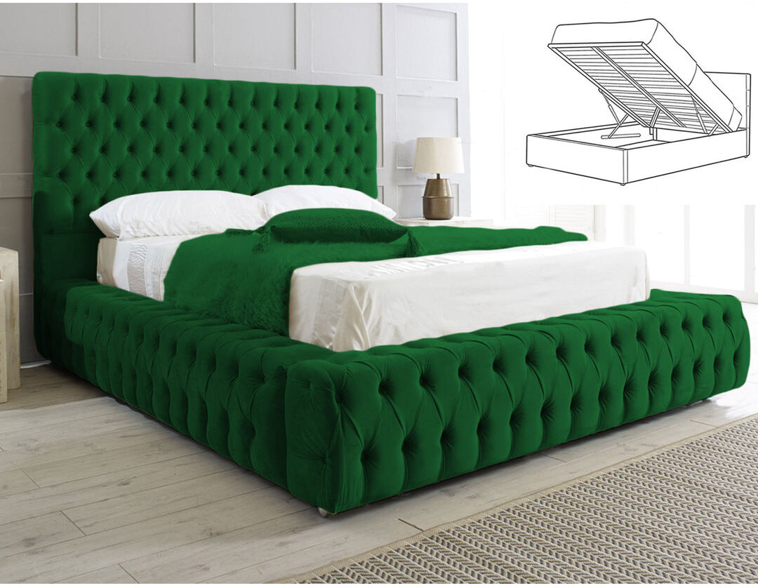 Britainsleep Elite Elegance Ambassador Ottoman Storage Bed - Premium Upholstered Velvet Bed Frame with Tall Headboard Emarald Kingsize (5')