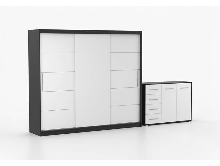Schwebetürenschrank und Kommode 2er-Set ALBA II/FRIDA 01 Schwarz Weiß